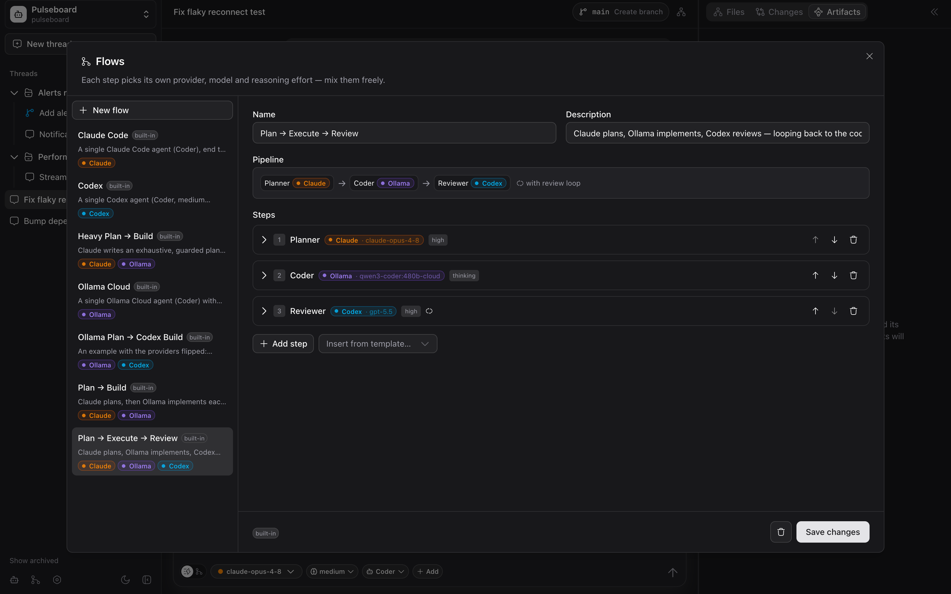 The workflow editor showing a Plan → Execute → Review pipeline with per-step provider and model choices