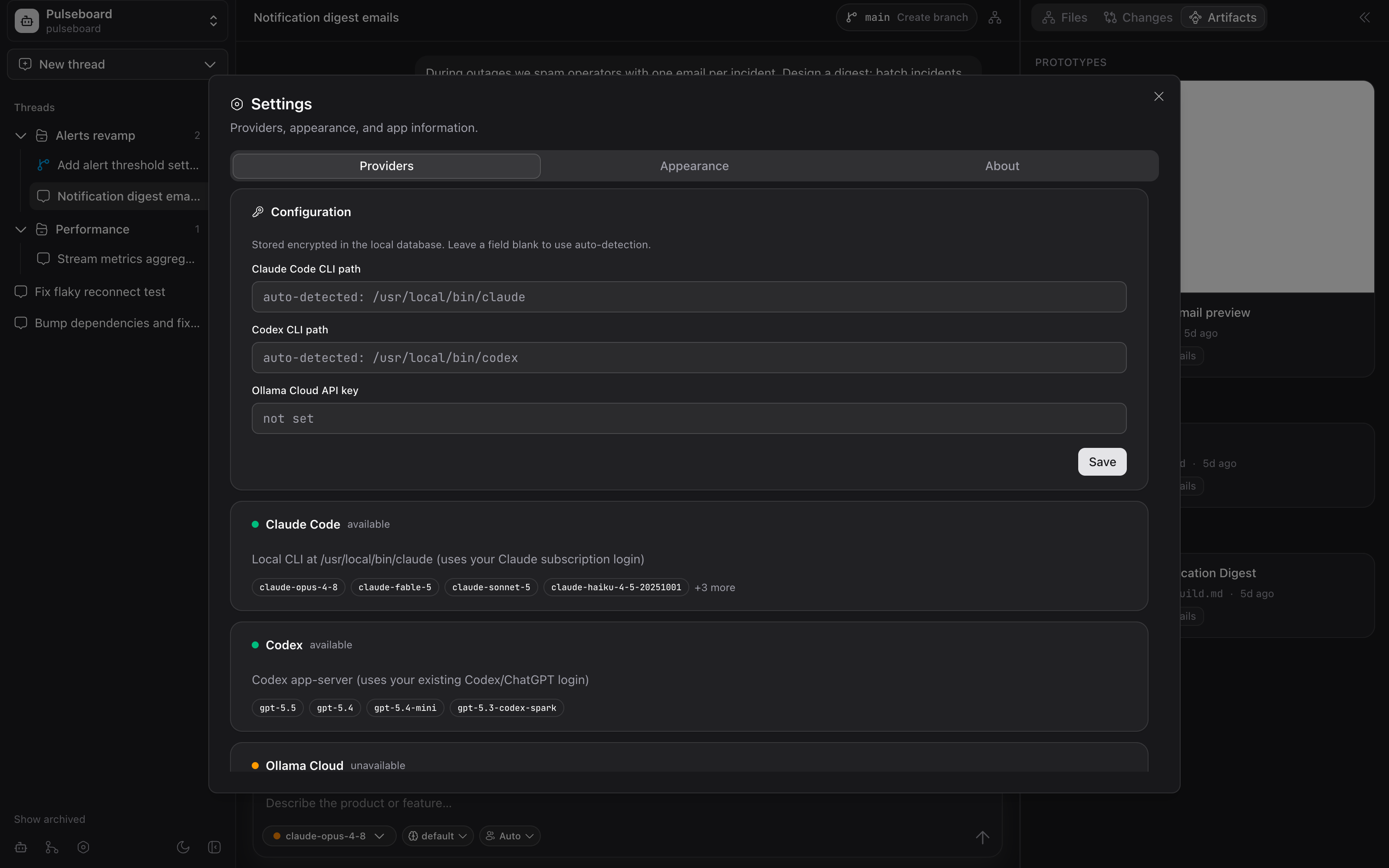 Settings dialog showing provider configuration with auto-detected CLI paths and available models